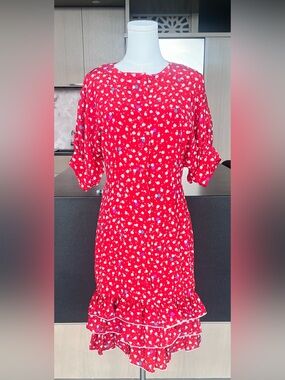 Louis Feraud Red Midi Dress with White and Blue Floral Print